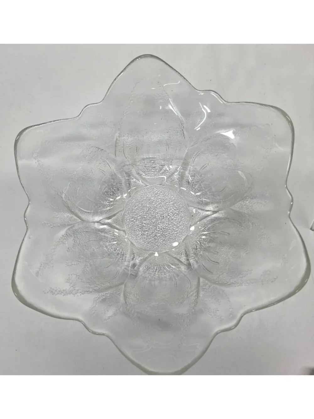 Vintage Clear Pressed Glass Flower Bowl 8” Six Petal Scalloped Serving Dish